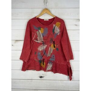 Jess & Jane Shirt Womens 1X Red Abstract Pleated Hem 3/4 Sleeve Tunic Top USA
